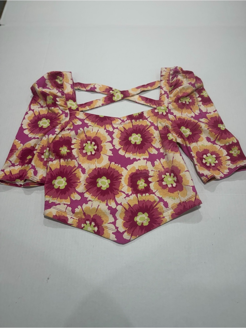 Free People Fuchsia Floral Square-Neck Crop Top with Crossback Straps